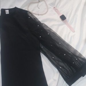 Pearl beading sheer mesh sleeve blouse